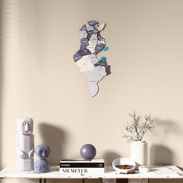 Nimbus Tunisia wooden wall map above a marble console, front view