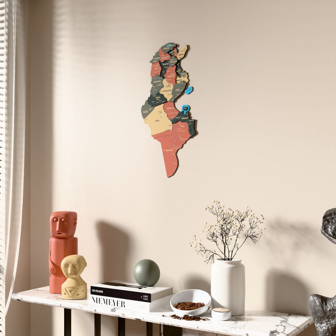 Sage Tunisia wooden wall map beside a sheer curtain, angled view
