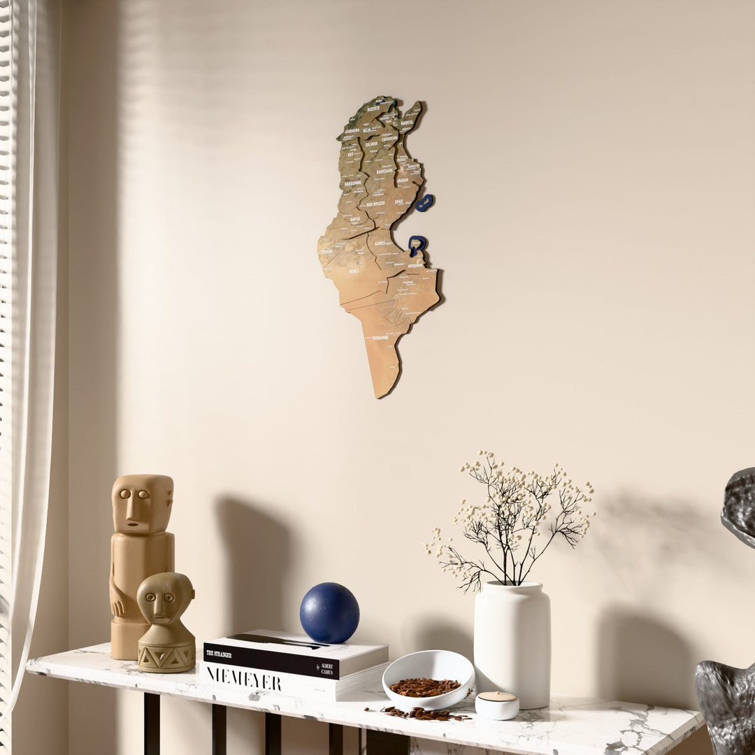 Satellite Tunisia wooden wall map beside a sheer curtain, angled view
