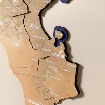 Close-up of the Satellite Tunisia wooden wall map with layered regions and printed names