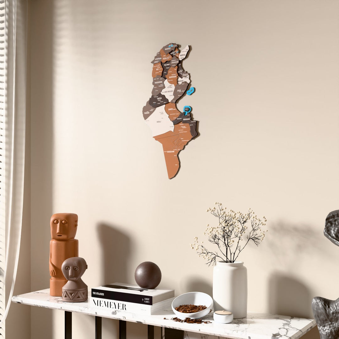 Soil Tunisia wooden wall map beside a sheer curtain, angled view
