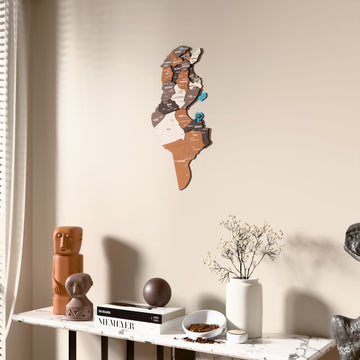 Soil Tunisia wooden wall map beside a sheer curtain, angled view