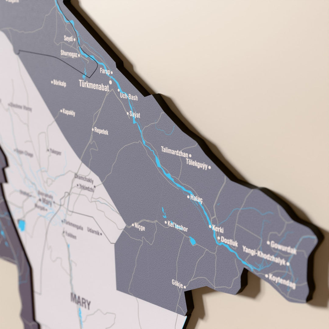 Close-up of the Nimbus Turkmenistan wooden wall map with layered regions and printed names
