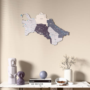 Nimbus Turkmenistan wooden wall map above a marble console, front view