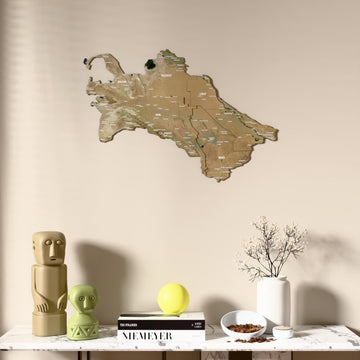 Satellite Turkmenistan wooden wall map above a marble console, front view