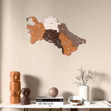 Soil Turkmenistan wooden wall map above a marble console, front view