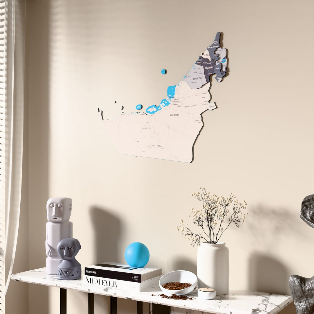 Nimbus United Arab Emirates wooden wall map beside a sheer curtain, angled view