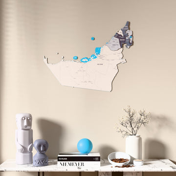 Nimbus United Arab Emirates wooden wall map above a marble console, front view