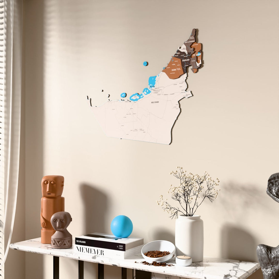 Soil United Arab Emirates wooden wall map beside a sheer curtain, angled view