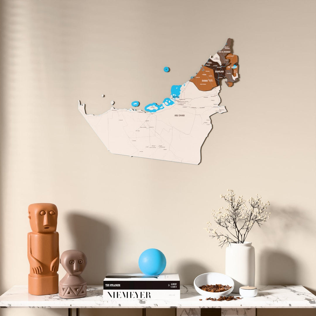 Soil United Arab Emirates wooden wall map above a marble console, front view