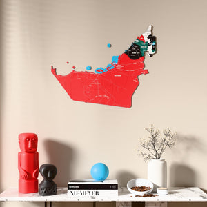 Flag colored United Arab Emirates wooden wall map above a marble console, front view