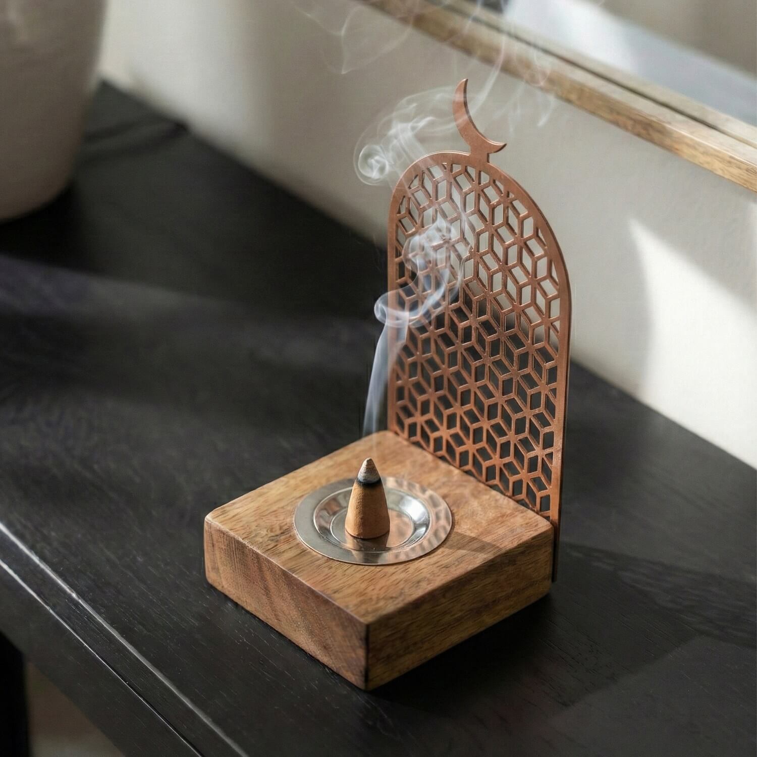 Tall Wooden Base Mabkhara Metal Back Bakhoor Incense Burner tall-wooden-base-mabkhara-metal-back-bakhoor-incense-burner