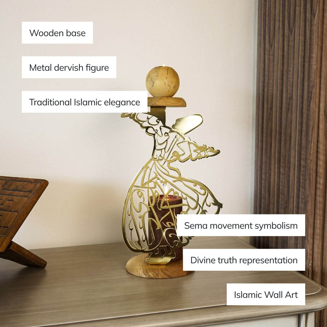 Kerzenhalter „Wirbelnder Derwisch“ in Glänzend Gold mit Hinweisen: Holzsockel, Derwischfigur aus Metall, Symbolik des Sema