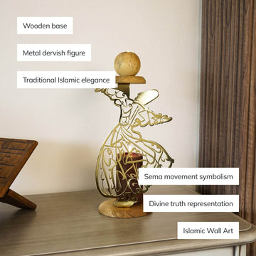 Kerzenhalter „Wirbelnder Derwisch“ in Glänzend Gold mit Hinweisen: Holzsockel, Derwischfigur aus Metall, Symbolik des Sema