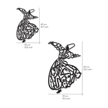 Size chart for the whirling dervish wooden wall art: 40 x 26 cm (15.7 x 10.2 in) and 60 x 39 cm (23.6 x 15.3 in)