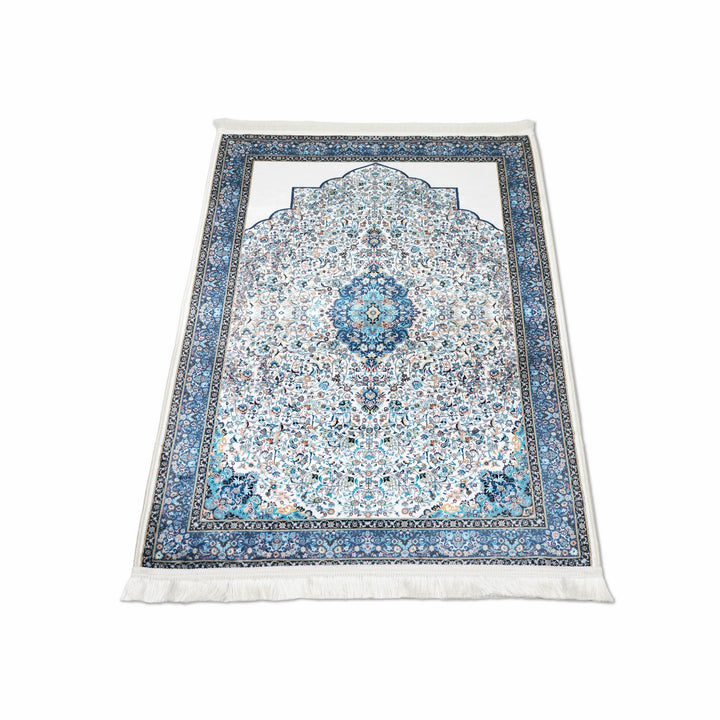 prayer-rug-islamic-white-blue-ornate-pattern-soft-fabric-islamicwallartstore