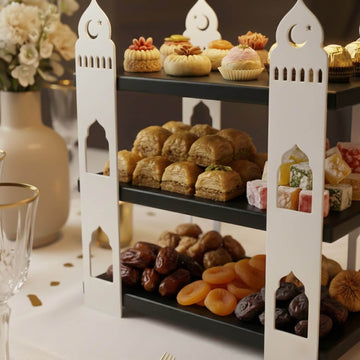 3-stöckige Moschee-Etagere – Ramadan-Dessertturm aus Metall & Holz