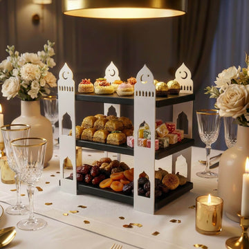 3-stöckige Moschee-Etagere – Ramadan-Dessertturm aus Metall & Holz