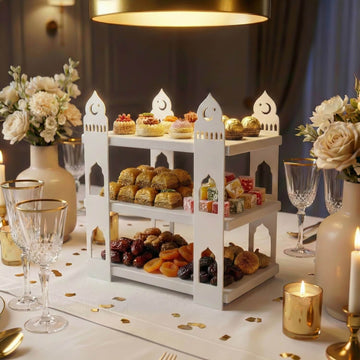 3-stöckige Moschee-Etagere – Ramadan-Dessertturm aus Metall & Holz