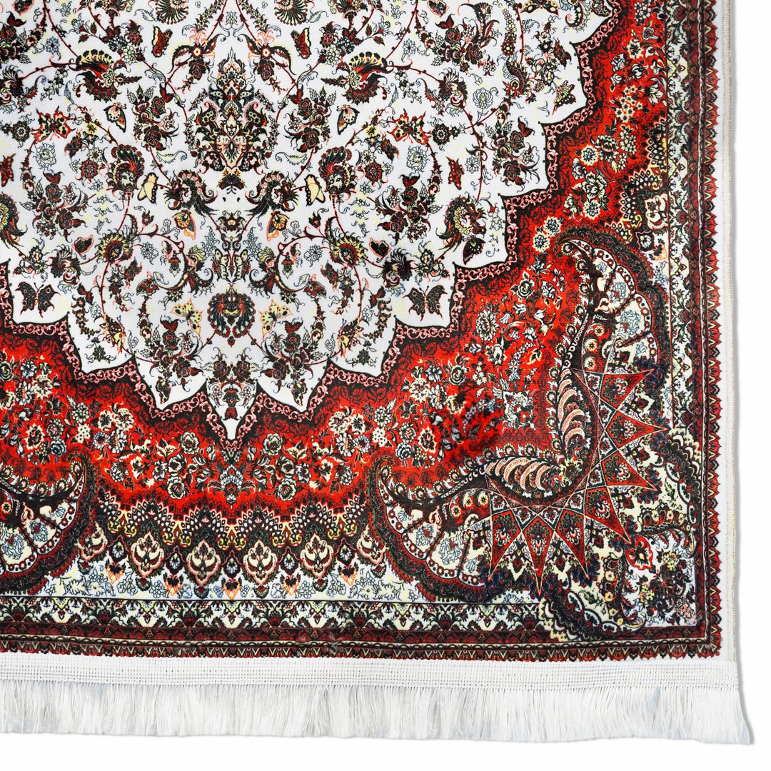 white-red-islamic-prayer-rug-ornate-pattern-soft-acrylic-islamicwallartstore