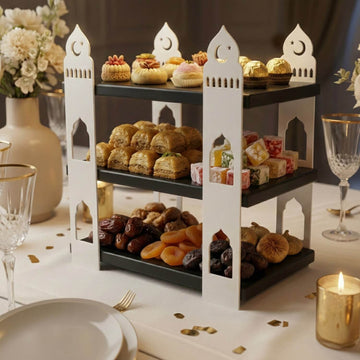 3-stöckige Moschee-Etagere – Ramadan-Dessertturm aus Metall & Holz