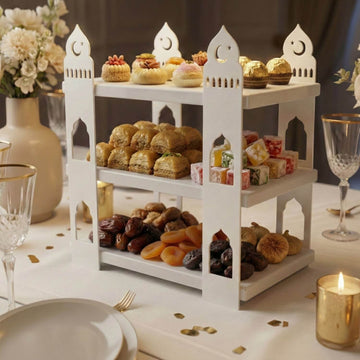 3-stöckige Moschee-Etagere – Ramadan-Dessertturm aus Metall & Holz