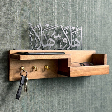 Wood Key Holder - Ahlan Wa Sahlan Arabic Calligraphy Muslim Home Decor - Islamic Wall Art Store