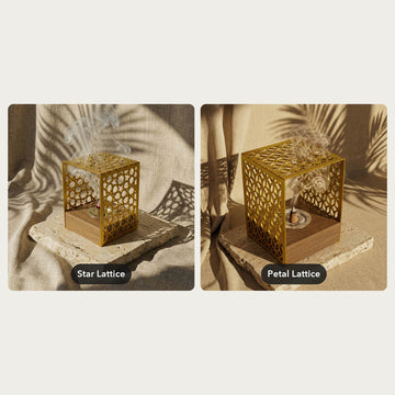 Wooden base mabkhara shown in both patterns, Star Lattice on the left and Petal Lattice on the right