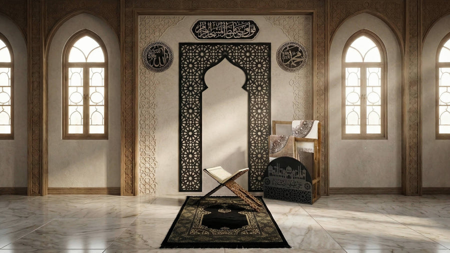 Carved mihrab panel and Quran stand in a mosque-style prayer room with arched windows