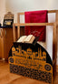 Wooden prayer rug holder with a Quran stand and gold mosque silhouette front