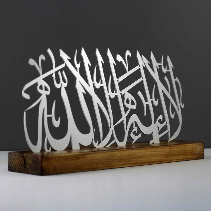 First Kalima, Tawheed, Tayyiba Islamic Metal Tabletop Decor with Wooden Stand - Islamic Wall Art Store