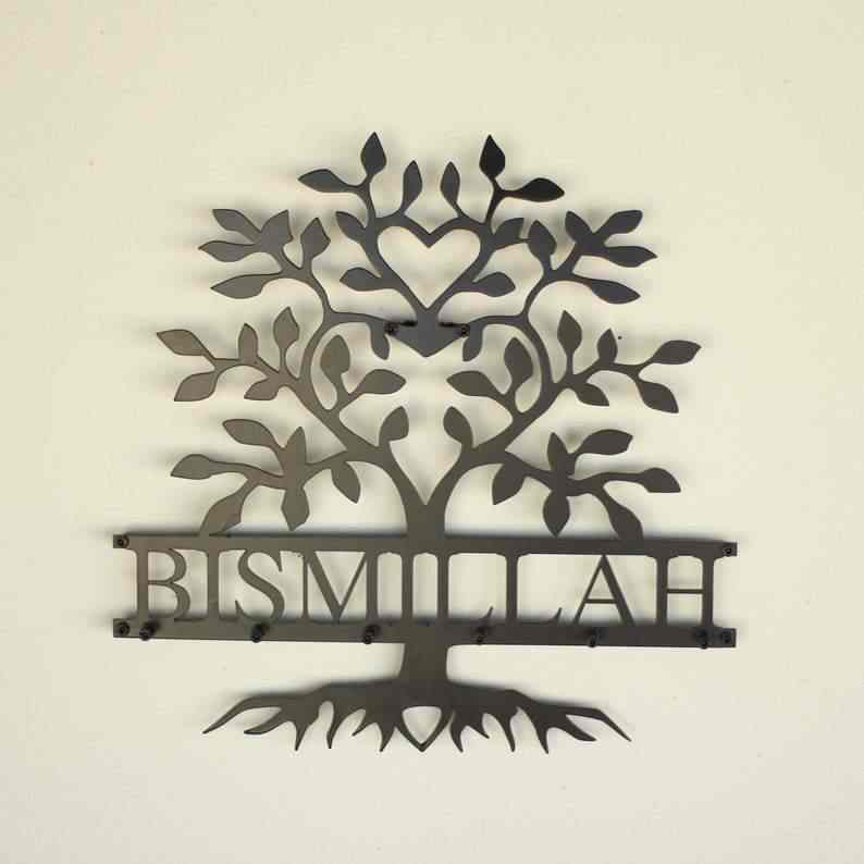 Bismillah Latin Key Holder, Basmala and Tree Metal Calligraphy Islamic Home Decor - Islamic Wall Art Store