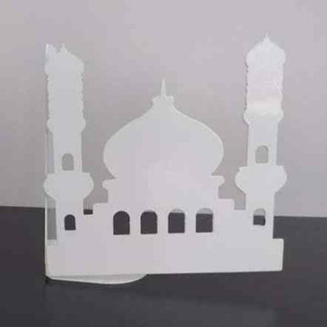 Vorderansicht der weißen Metall-Buchstütze in Form einer Moschee-Silhouette mit zwei Minaretten und einer Kuppel