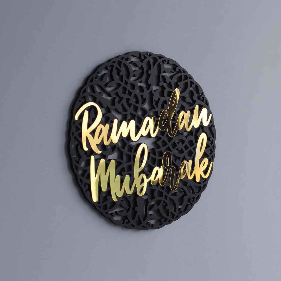 Ramadan Mubarak Circular Design with Pattern Wooden Acrylic Wall Decor - Islamic Wall Art Store