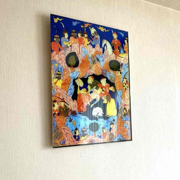 Seven Sleepers multicolor print on tempered glass, angled view on a cream wall