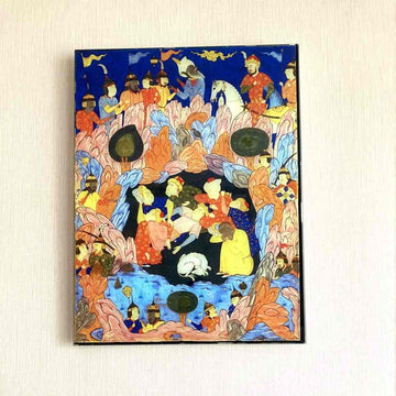 Seven Sleepers multicolor tempered glass wall art, straight close view of the miniature-style cave scene