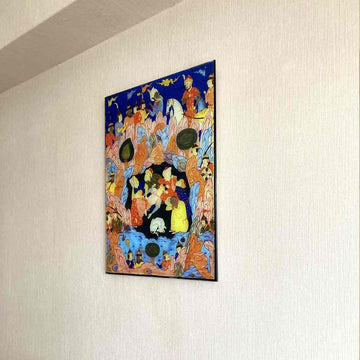 Seven Sleepers tempered glass wall art hung high on a wall, seen from the side