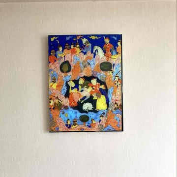 Seven Sleepers multicolor tempered glass wall art, front view on a plain wall